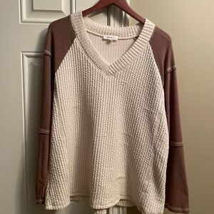 Women's Cream and Brown V-Neck Jersey Top
